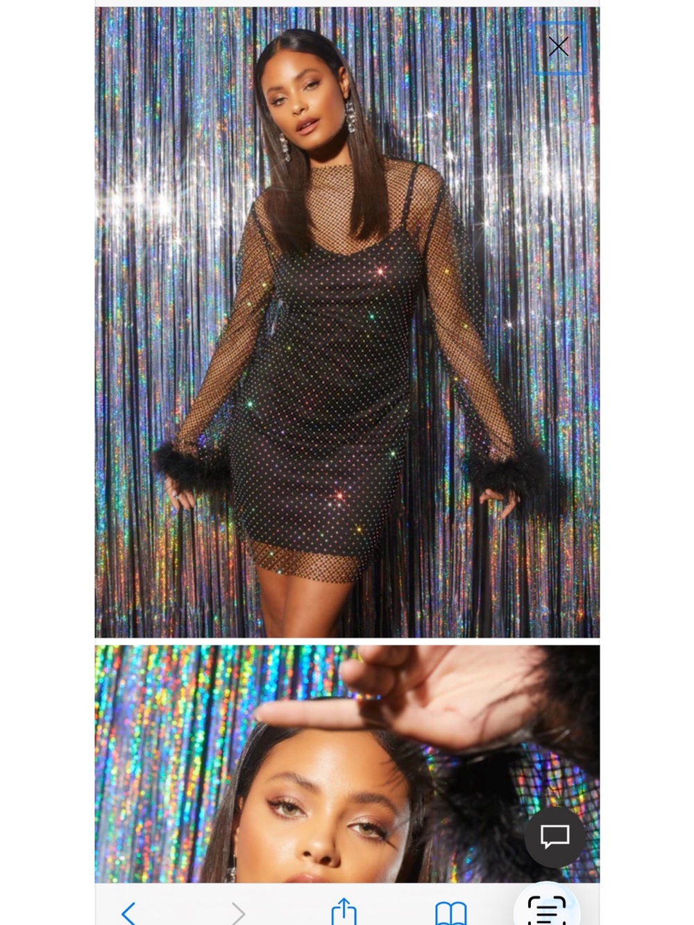 Vici Black Mesh Mini Dress with Crystal Dots and Feather Cuffs